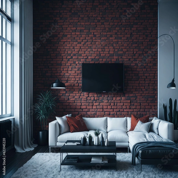 Fototapeta Modern Living Room Interrior,  Cozy Sofa With Pillows Infront Of Wall With Decorative Bricks, Soft Light, Generative AI