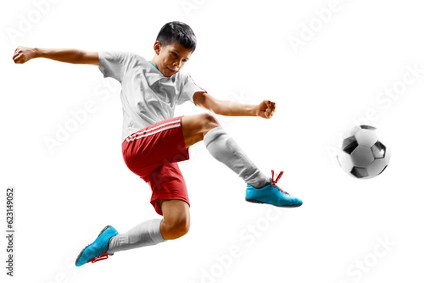 Fototapeta children soccer player in action isolated white background
