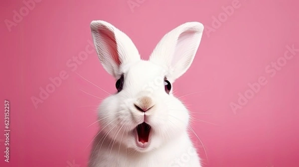 Fototapeta Portrait of a white cute  rabbit with surprised  expression on a pink background,Generative AI