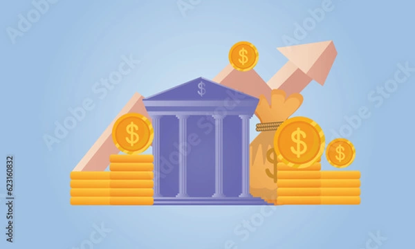 Fototapeta minimum bank deposit and investment, transactions money dollar.bank building with coin icon style on graph investment.on blue background.Vector Design Illustration.