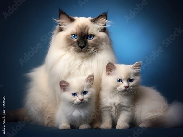 Fototapeta Birman Cat with its kitten, family portrait style  (Generative AI)
