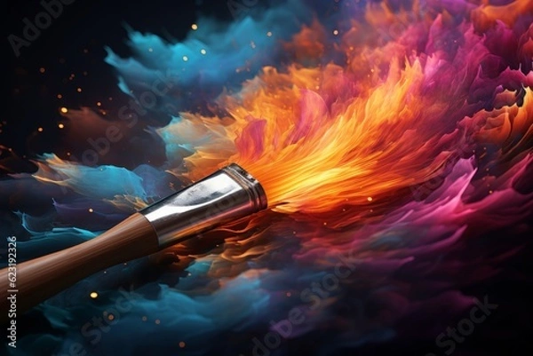 Fototapeta Paint brush with colorful paint splashes and fire flames on black background