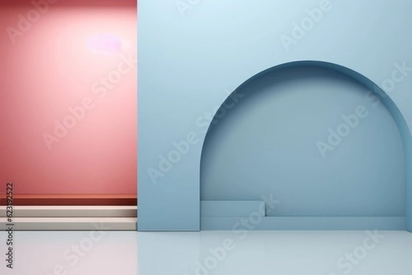 Fototapeta 3d rendering of empty room with arch and blue wall background.