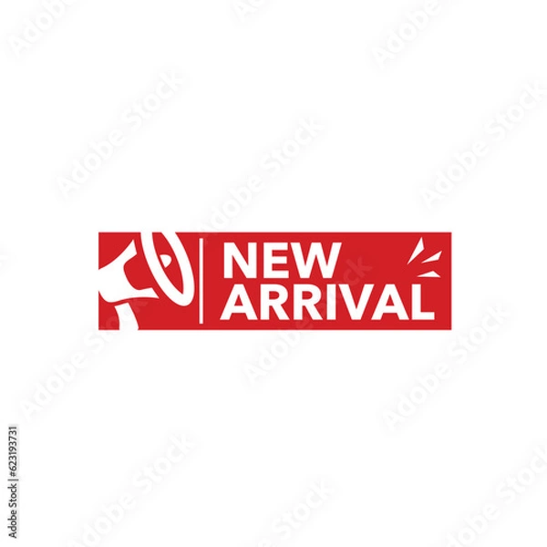 Fototapeta Vector illustration new arrival notification template for tag or banner marketplace with megaphone silhouette isolated on white background