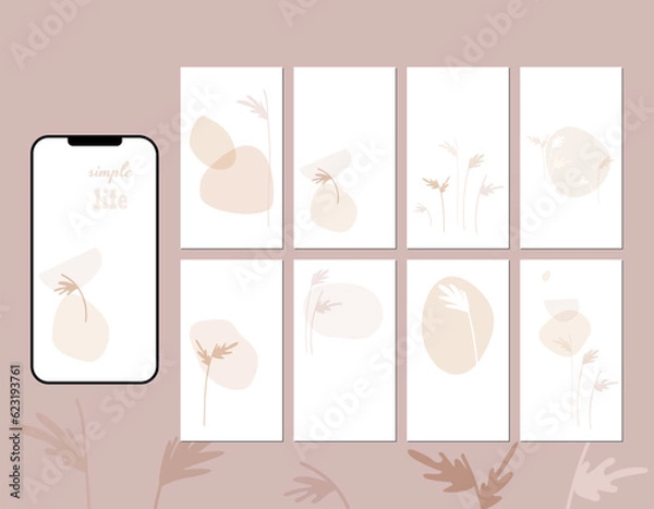 Fototapeta Social media story layout in shades of delicate pastel beige and pale brown. Modern illustrations with abstract shapes, flower stems with leaves, spots.