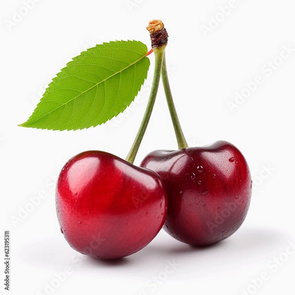 Fototapeta Fresh Cherry with Leaf Isolated on White Background
