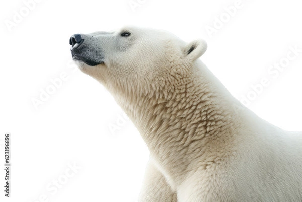 Fototapeta Side view of the head and neck of a polar bear, isolated, white background, generative ai