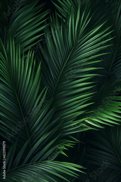 Fototapeta Tropical green palm leaves on dark background. Natural summer background - created with AI 

