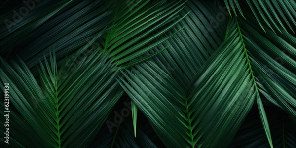 Fototapeta Tropical green palm leaves on dark background. Natural summer background - created with AI 
