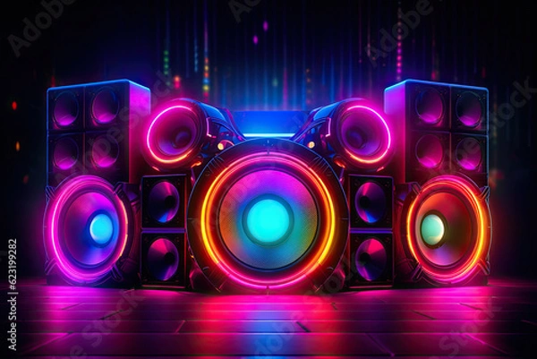 Fototapeta Neon Glowing Blue Performance Music Studio Vibrant Electric Synthwave Club Loud Speakers Show Event Empty Room Shiny Stage Poidum Concert