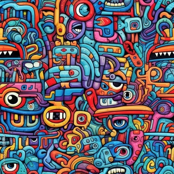 Fototapeta Vibrant Surrealism: Colorful Heads in Surrealistic Cartoon Style with Aztec and Street Art Influences Generative ai