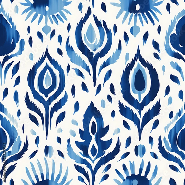 Fototapeta Stamp Print Ikat Seamless Pattern, inkt. Cultural motifs, Artistic pattern repetition, Stamped texture, textile.