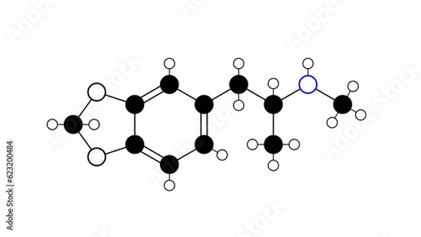 Fototapeta mdma molecule, structural chemical formula, ball-and-stick model, isolated image 3.4-methyl enedioxy methamphetamine