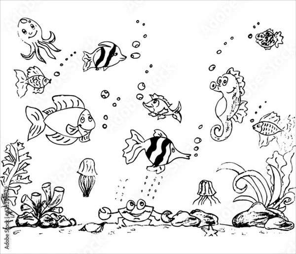 Fototapeta Sketch sea underwater world with marine inhabitants, hand drawn illustration. Flat style vector design template