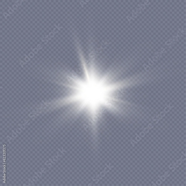 Fototapeta Flash of light, sun, twinkle. The bright sun shines with warm rays, vector illustration Glow of a bright star on a transparent background. Vector