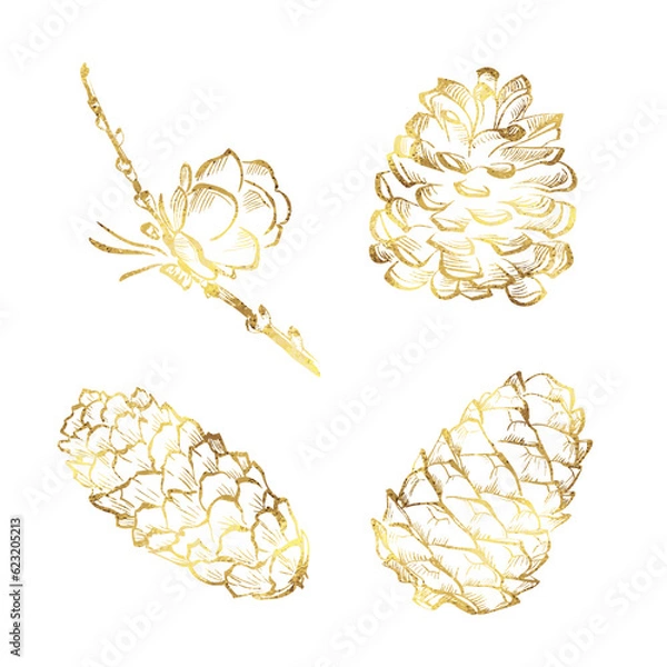 Obraz Christmas tree cones with golden foil texture isolated on white background.