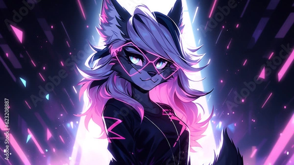 Obraz Young cat girl, anime character, cute pointy ears. Colourful background wallpaper. Created with Generative AI.