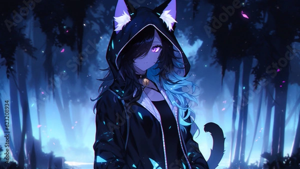 Obraz Young cat girl, anime character, cute pointy ears. Colourful background wallpaper. Created with Generative AI.