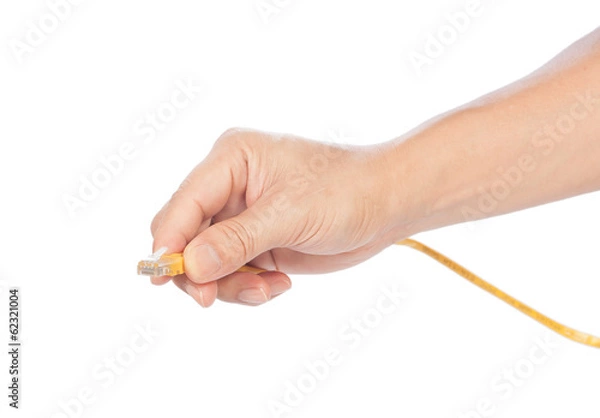 Obraz hand hold rj45 jack with yellow cable