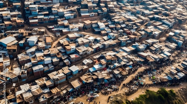 Fototapeta Income inequality, A stark contrast between luxurious mansions and dilapidated shanty houses, A crowded urban slum, A sense of disparity and unfairness