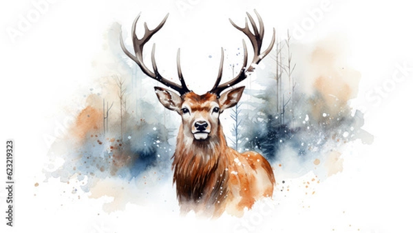 Obraz Christmas reindeer watercolor illustration, generative ai