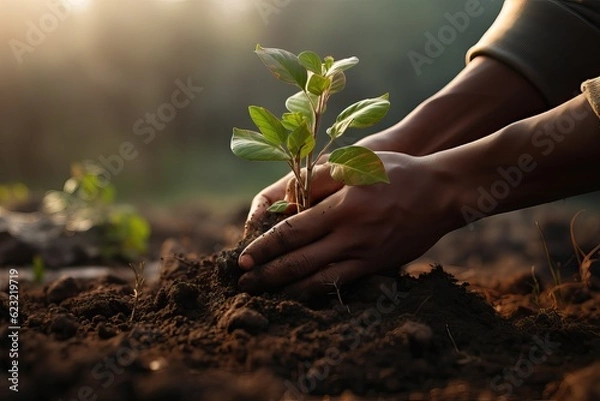 Fototapeta Young man is planting a tree. Gardening as a means of escaping from the hustle and bustle of life in the big city.