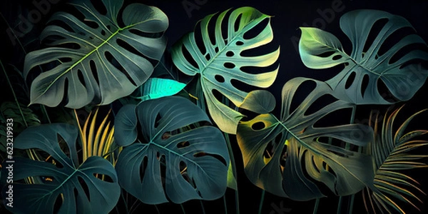 Fototapeta Stylish decor of bright leaves of fantastic plants on a black background. Generative AI