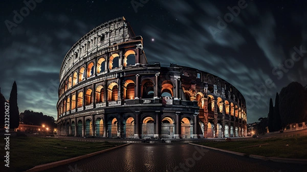 Obraz Rome's Colosseum at night under a full moon, stars scattered across the sky, lights illuminating the ruins, a dramatic contrast to the dark sky