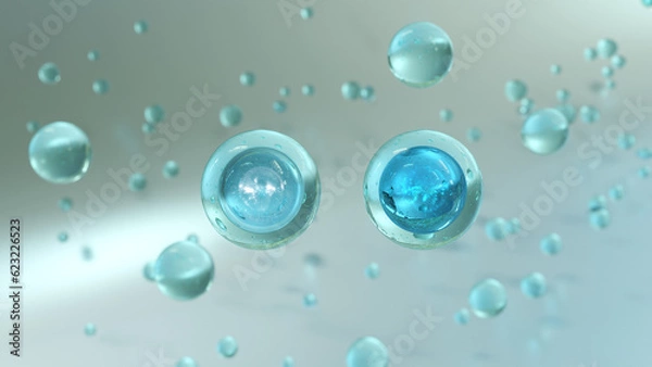 Fototapeta 3D rendering cosmetics bubble design on background Abstract science background with bubbles on water. Cosmetics bubble design magic. Vitamin for health care and beauty concept.