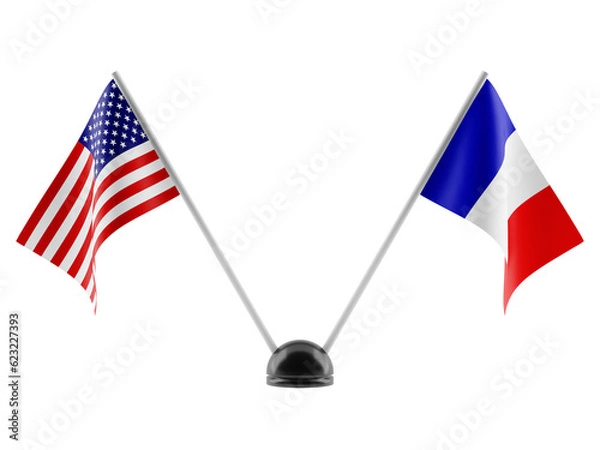 Fototapeta Stand with two national flags. USA and France flags. Isolated on a transparent background. 3d render