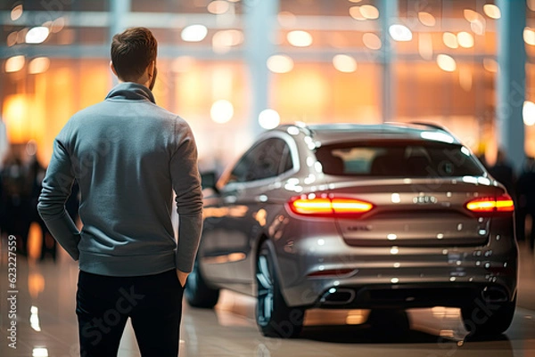 Fototapeta Man looking at new car. Back view