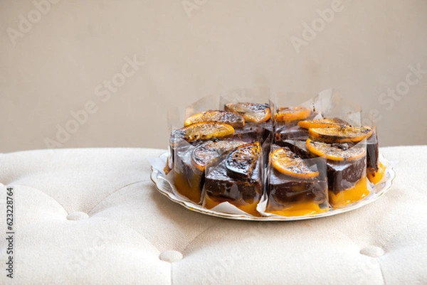 Fototapeta burned Orange chocolate topped with burned orange slices