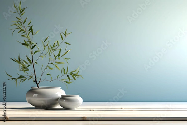 Fototapeta Plant in vase space for text, Minimalist Zen, Zen background, Japanese zen background, Japanese style minimal, Zen wallpaper