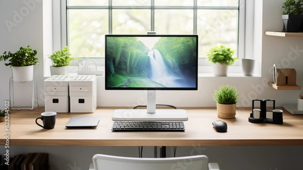 Fototapeta Detail shot of an ergonomic home office setup, standing desk with dual monitors, mechanical keyboard, wireless mouse, high key lighting, white walls, soft focus on desk details