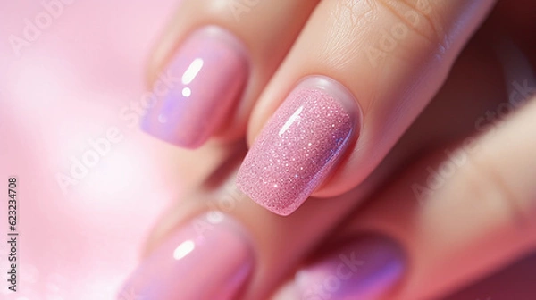 Fototapeta Macro shot of nail polish being applied on a perfectly manicured hand, the brush stroke visible, pink pastel color, soft bokeh background
