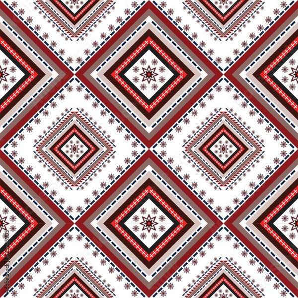 Fototapeta geometric pattern ethnic seamless fabric design red  for textile background,texture,batik,carpet,mosaic,ceramics,backdrop,wallpaper,clothing,craft,wall,floor,decorative,buildingretro,boho,wrappin