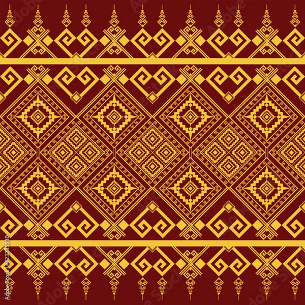 Fototapeta seamless pattern with ornament Ancient Thai Splendor: Seamless Fabric Pattern in Luxurious Golden Yellow Tone