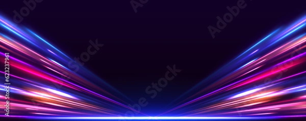 Fototapeta Panoramic high speed technology concept, light abstract background. Image of speed motion on the road. Abstract background in blue and purple neon glow colors. 