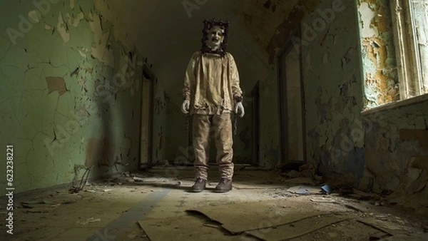 Obraz Ghost of maniac with cage on his head dragging dead body down corridor of asylum