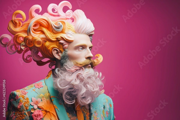Obraz Expressive bearded man with surreal colorful curls in his hair and mustache posing in front of a minimal pastel purple background. Creative barber or hairdresser concept. Generative AI.