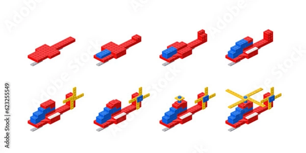 Obraz Set of helicopters assembled from plastic blocks in isometric style. Vector illustration.