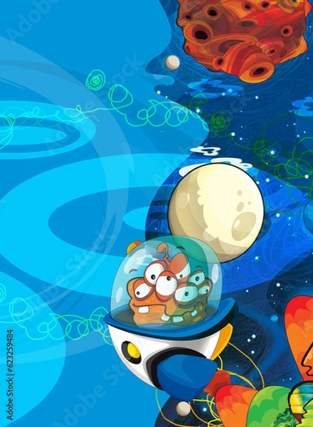 Fototapeta Cartoon funny colorful scene of cosmos galactic alien ufo isolated illustration for children