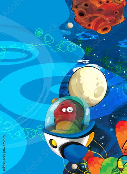 Fototapeta Cartoon funny colorful scene of cosmos galactic alien ufo isolated illustration for children