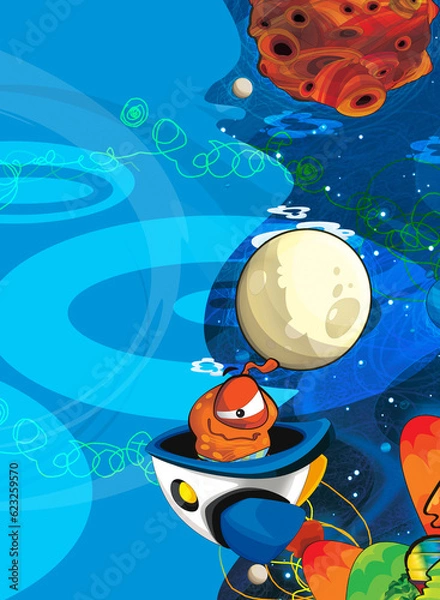 Fototapeta Cartoon funny colorful scene of cosmos galactic alien ufo isolated illustration for children