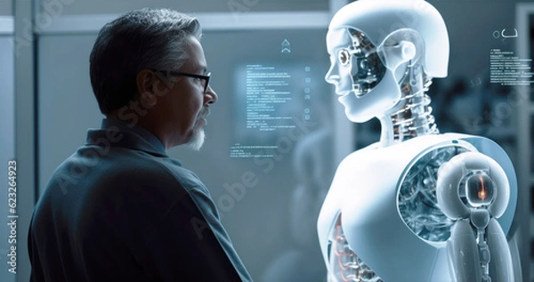 Fototapeta Researcher with artificial intelligence robot in laboratory background to programming code with holographic scan projection. Innovative technology and AI machine learning concept. Generative AI