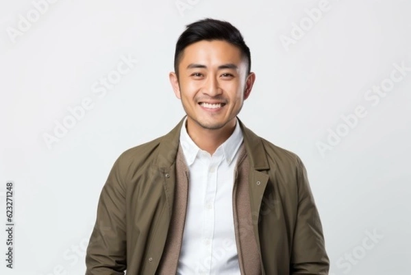 Fototapeta Portrait of a happy young asian man smiling on white background