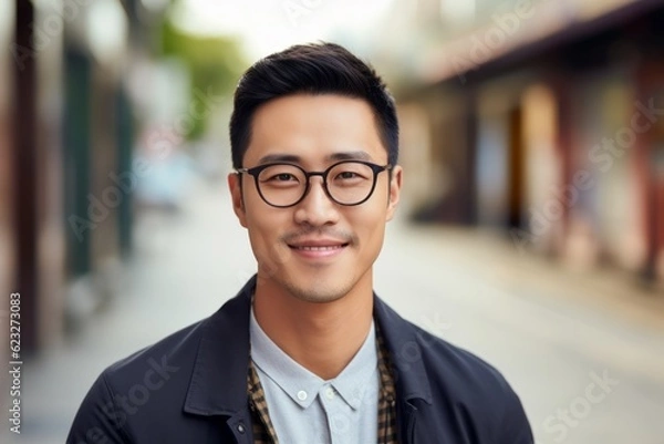 Fototapeta young asian man in eyeglasses looking at camera in city
