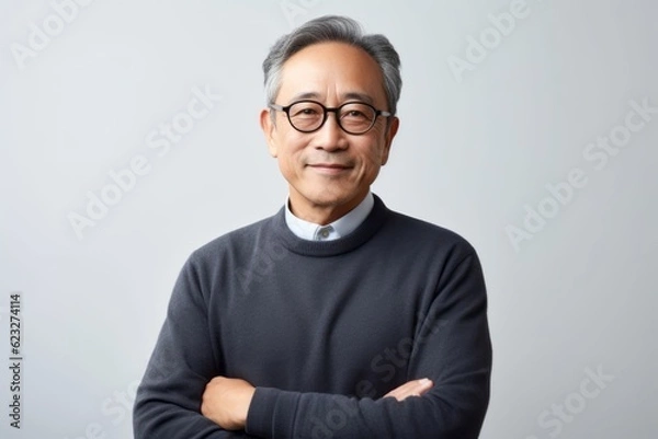 Obraz Portrait of Asian senior man in eyeglasses on grey background