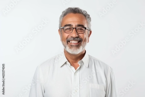 Obraz Portrait of Indian senior man with eyeglasses on white background.