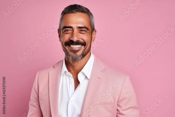Fototapeta Portrait of handsome middle-aged man smiling and looking at camera while standing against pink background